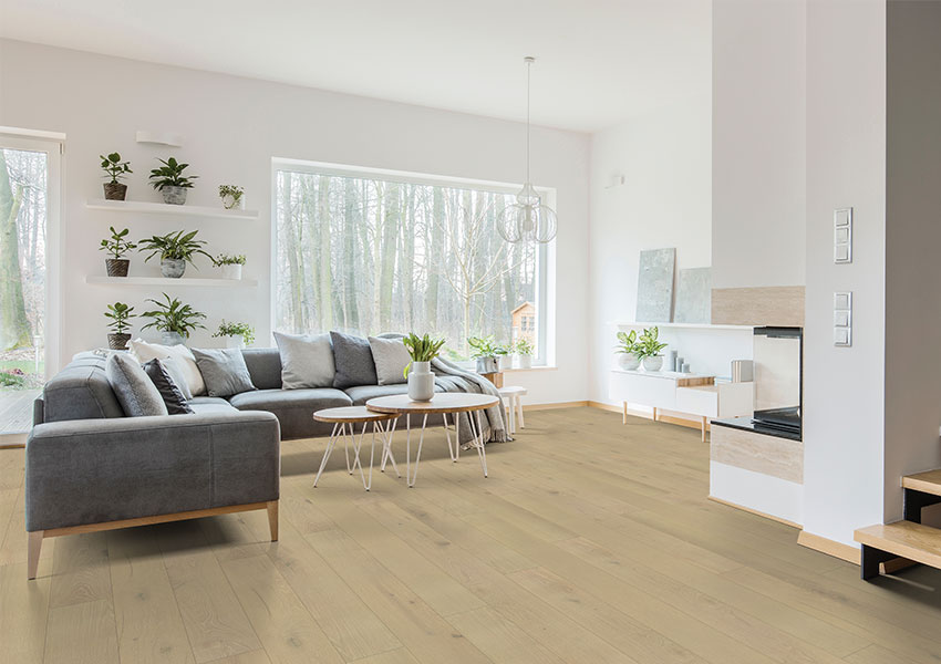 light toned hardwood flooring in Scandinavian-inspired living room