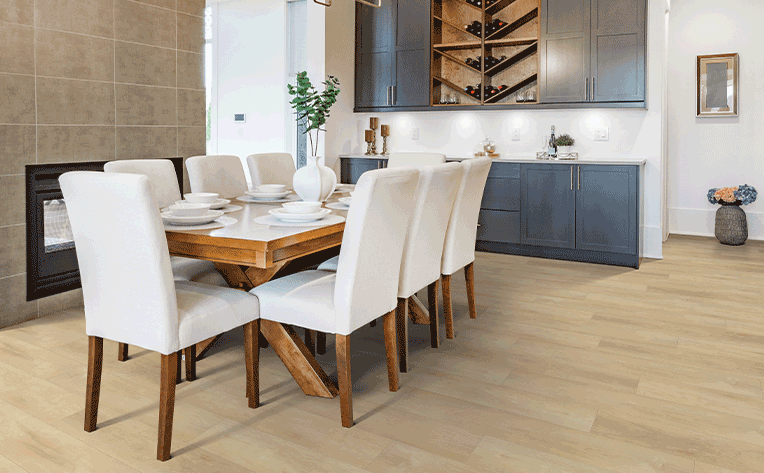 light toned hardwood flooring in modern farmhouse inspired dining room